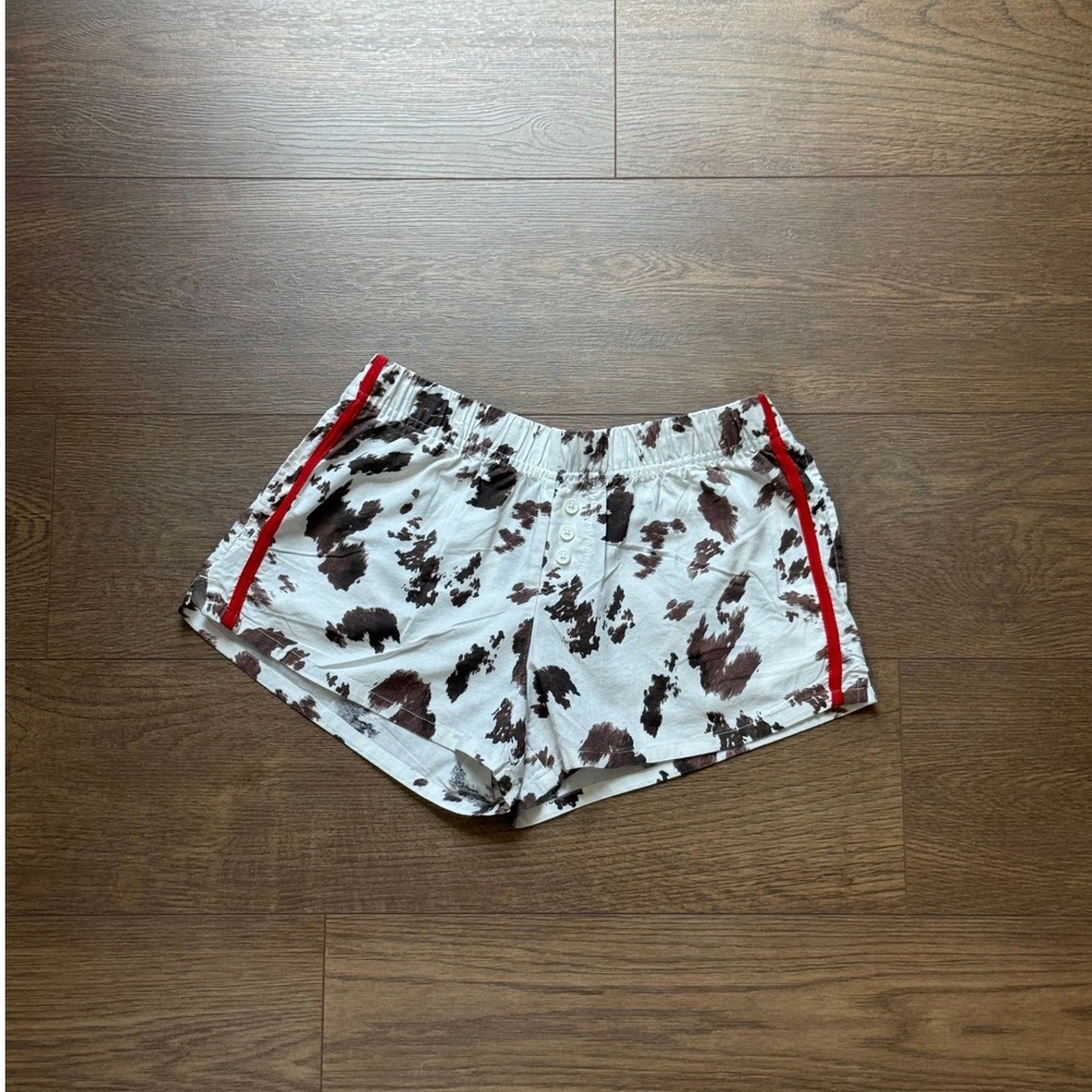 Zoe + Liv Cow Print Boxer-Style Shorts White Brown Red Stripe Small
